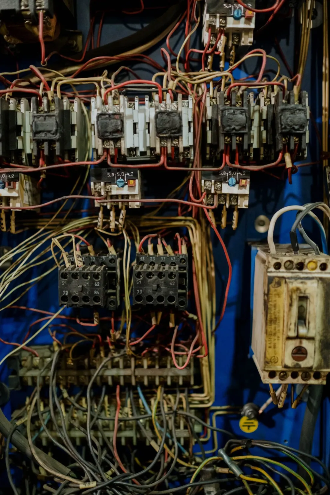 Tablero eléctrico con contactores y cableado de una máquina veterana